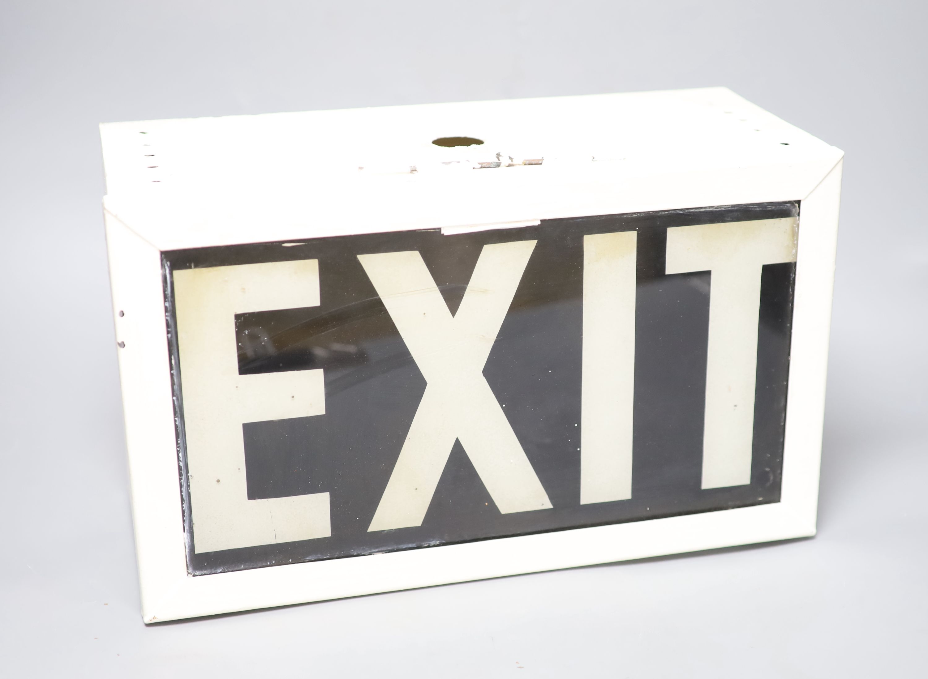 A vintage painted metal and glass EXIT sign, length 37.5cm